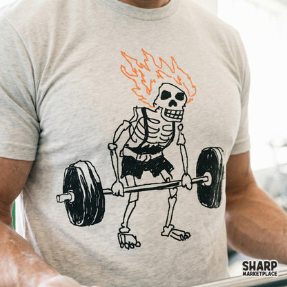 Sketchy black and orange illustration of a flaming skull deadlifting a barbell, ideal for trendy workout apparel and fitness stickers.