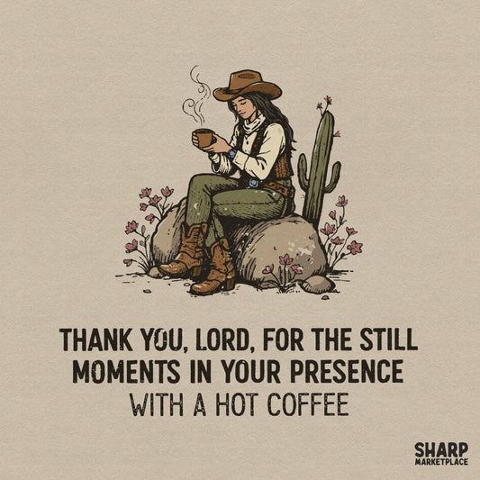 Hand-drawn western Christian design featuring a cowgirl sitting on a desert rock with a steaming coffee mug, cactus, and flowers with faith-based text.