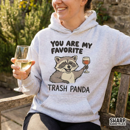 Playful raccoon artwork with a wine glass and the text You Are My Favorite Trash Panda, designed for high-quality apparel printing and home decor.