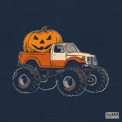 Retro monster truck with jack o lantern pumpkin for boys Halloween sublimation t-shirt design
