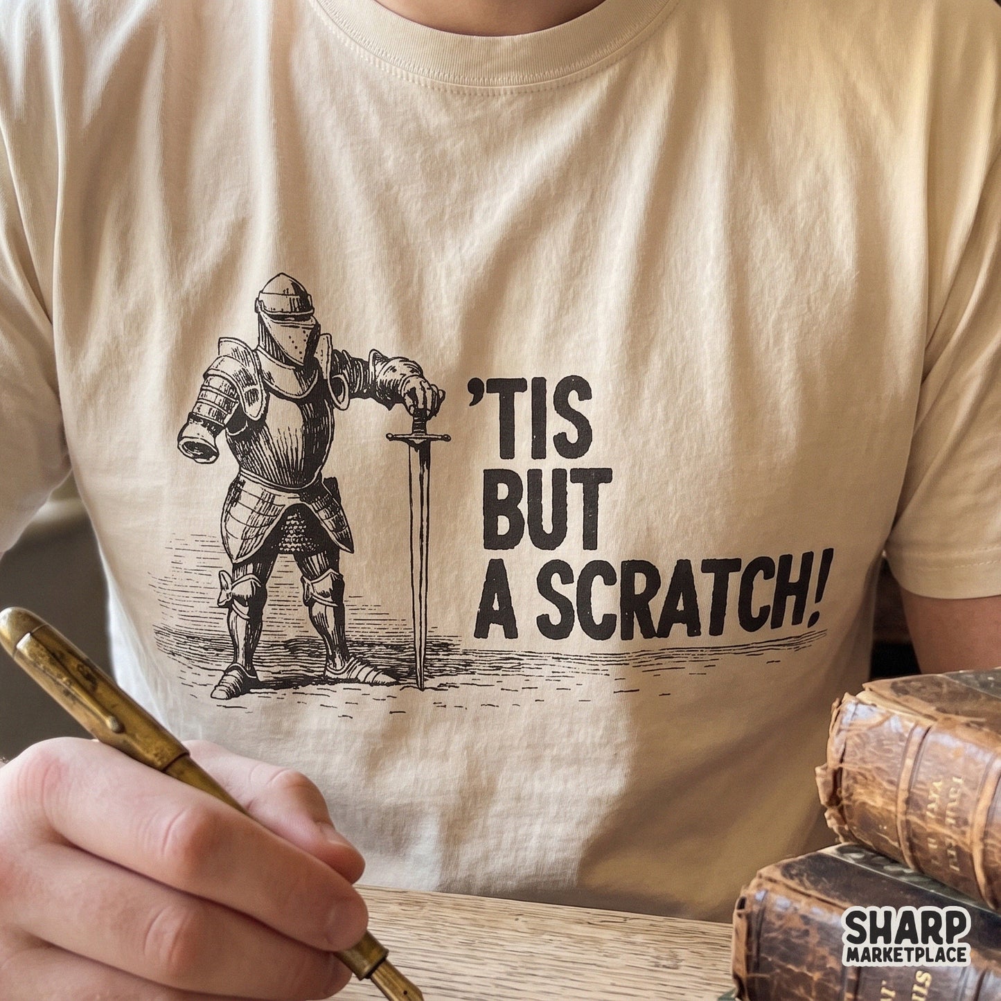 Funny medieval knight meme Tis But A Scratch retro sarcastic sublimation design for t-shirts and stickers