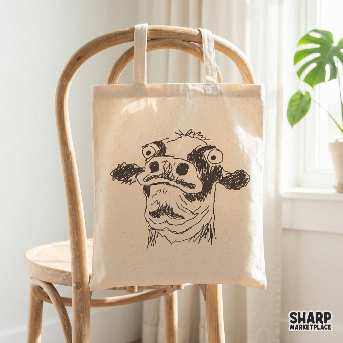 Funny meme-style scruffy dog sketch with wide, expressive eyes, rendered in a raw ink style for unique apparel, tumblers, and print-on-demand items.