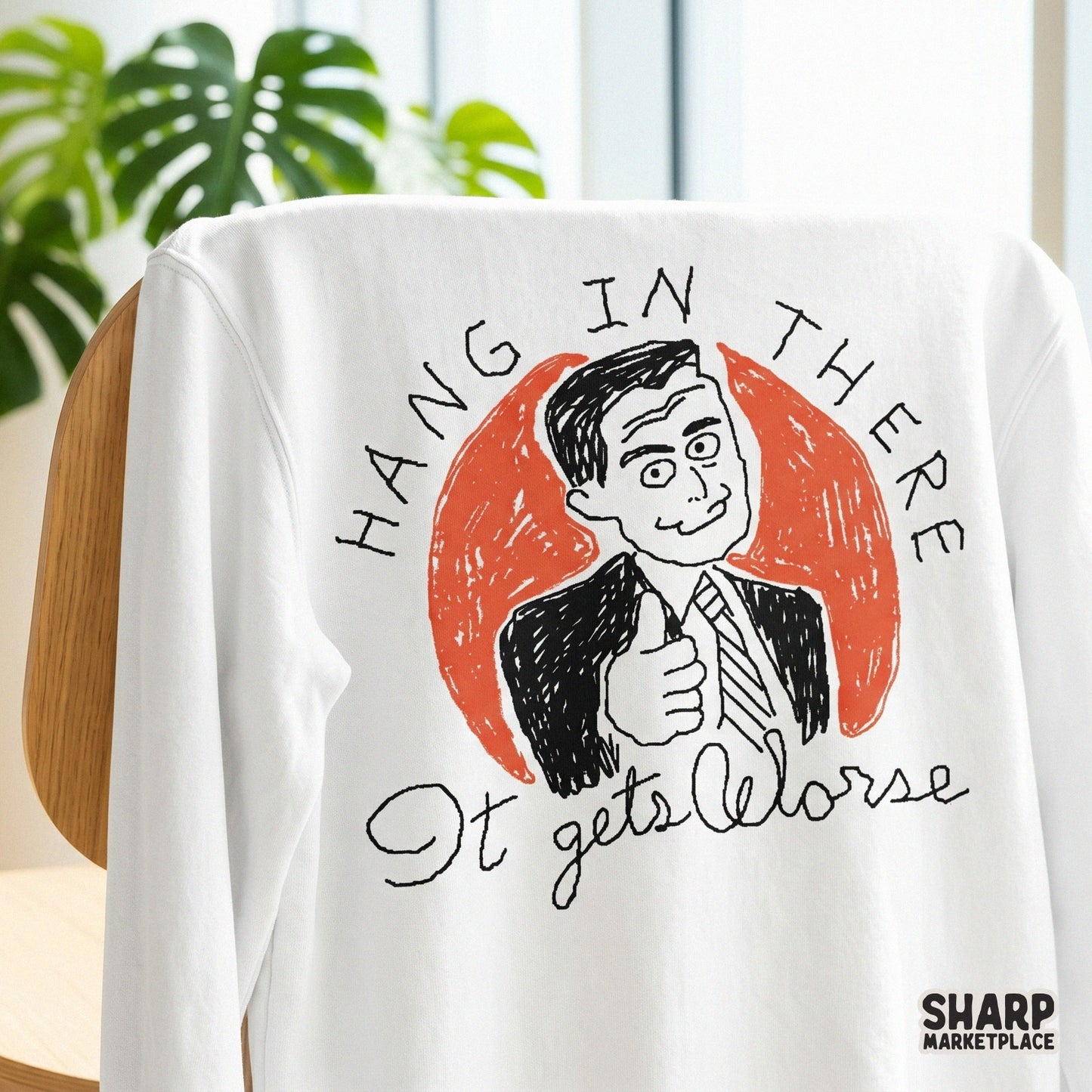 Retro style sarcastic office meme graphic with hand-drawn line art of a man in a suit, ideal for custom mugs, tumblers, and humorous apparel DIY projects.