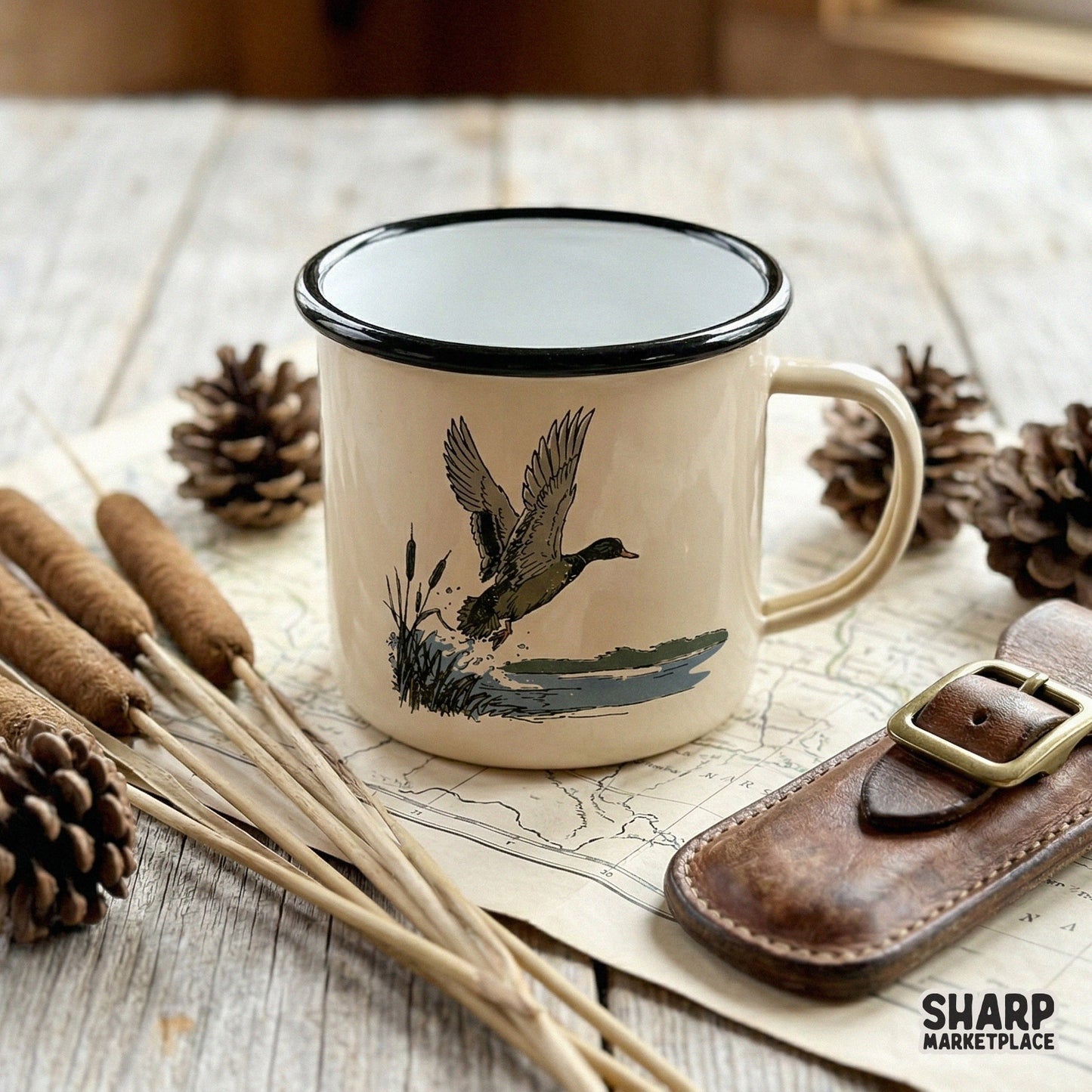 Detailed wetland scene with a drake launching from reeds, high-resolution digital graphic for custom shirts, stickers, and rustic home decor projects.
