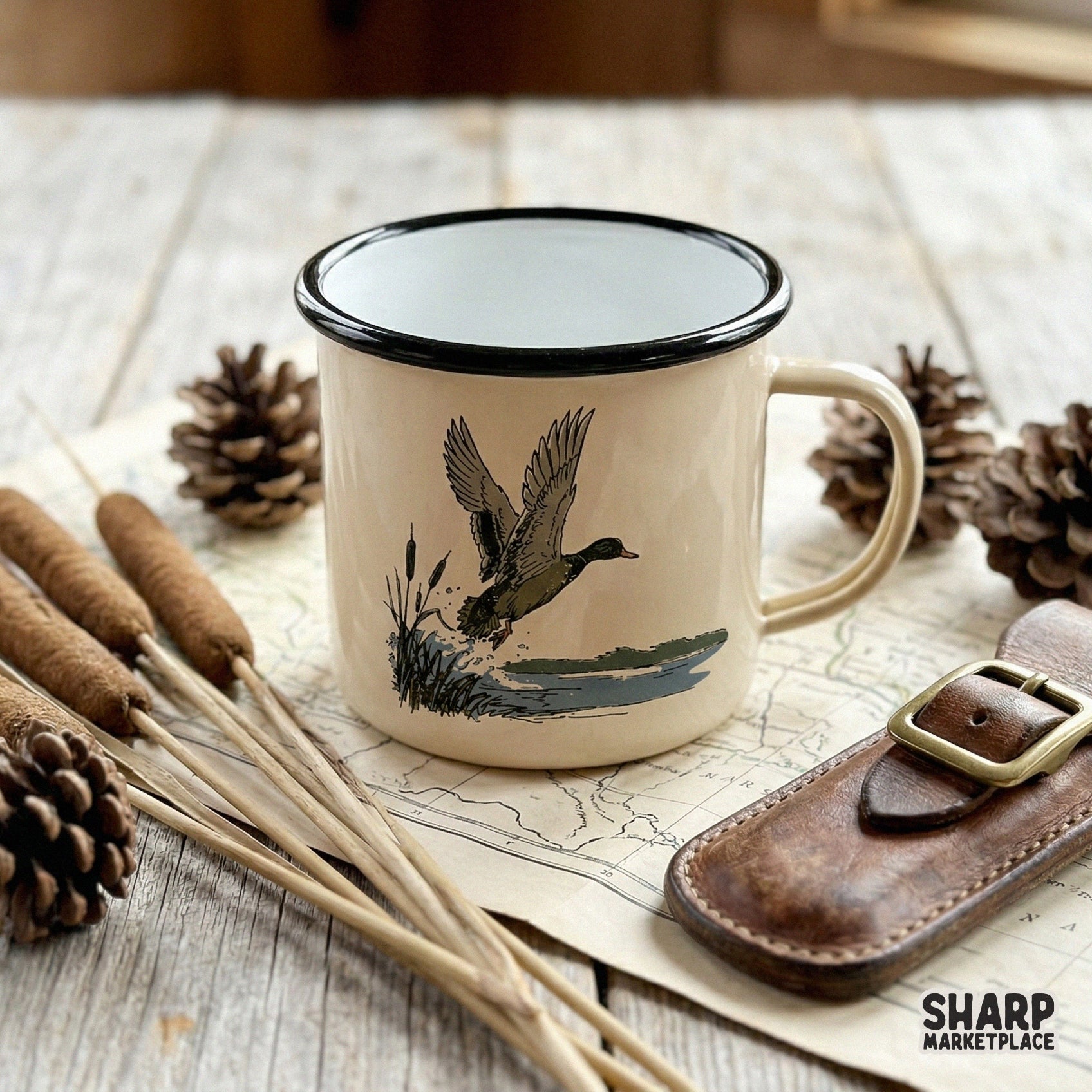 Detailed wetland scene with a drake launching from reeds, high-resolution digital graphic for custom shirts, stickers, and rustic home decor projects.