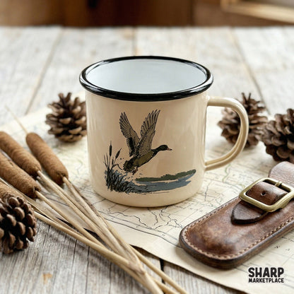 Detailed wetland scene with a drake launching from reeds, high-resolution digital graphic for custom shirts, stickers, and rustic home decor projects.