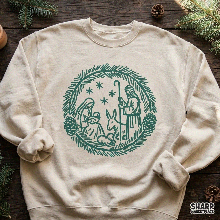 Vintage linocut Holy Family Nativity Scene pine wreath Christmas PNG sublimation design for faith t-shirts and gifts
