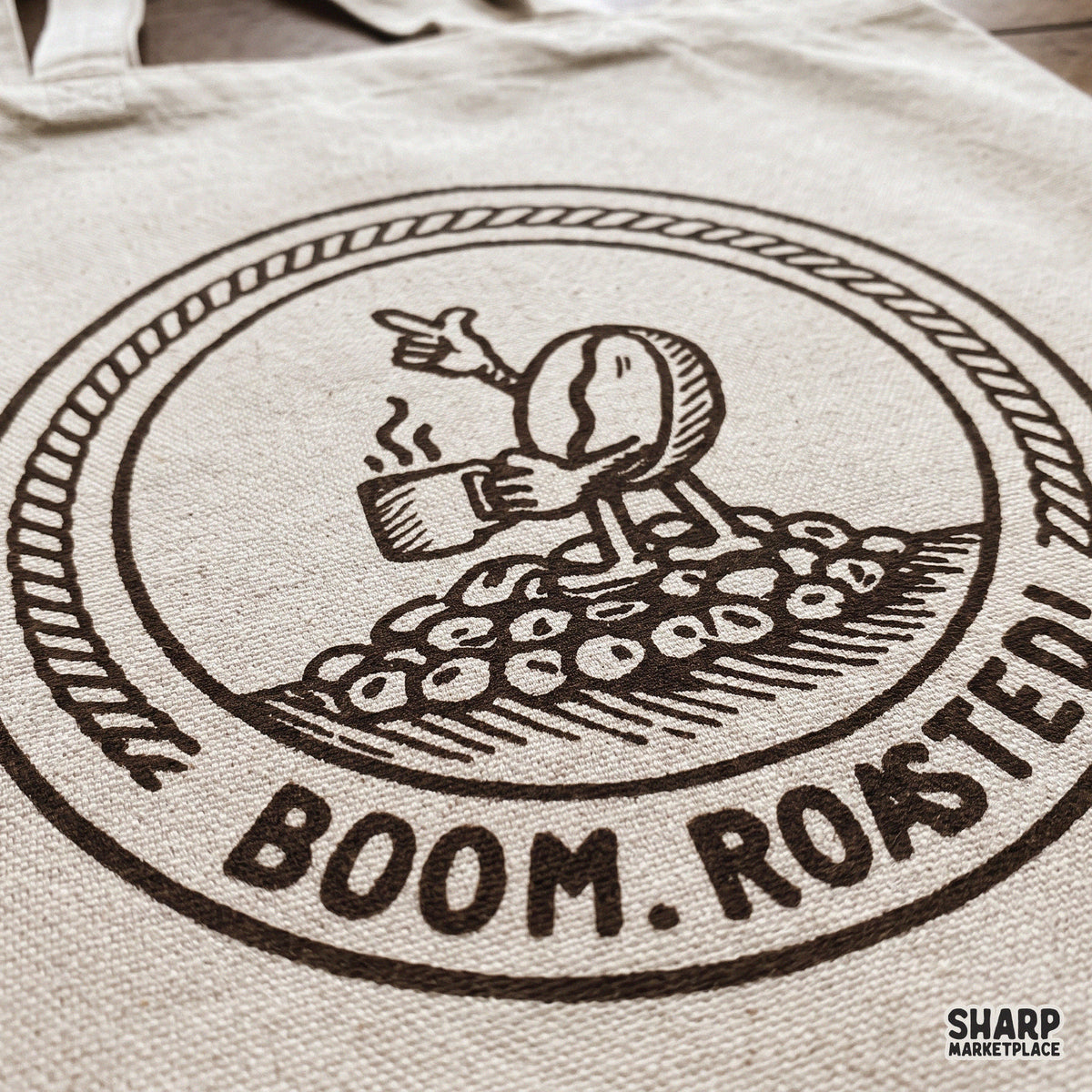 Funny coffee bean graphic with Boom Roasted text for sarcastic coffee mug and shirt sublimation designs