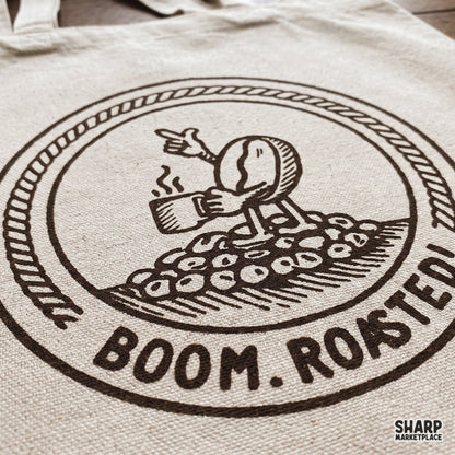 Funny coffee bean graphic with Boom Roasted text for sarcastic coffee mug and shirt sublimation designs