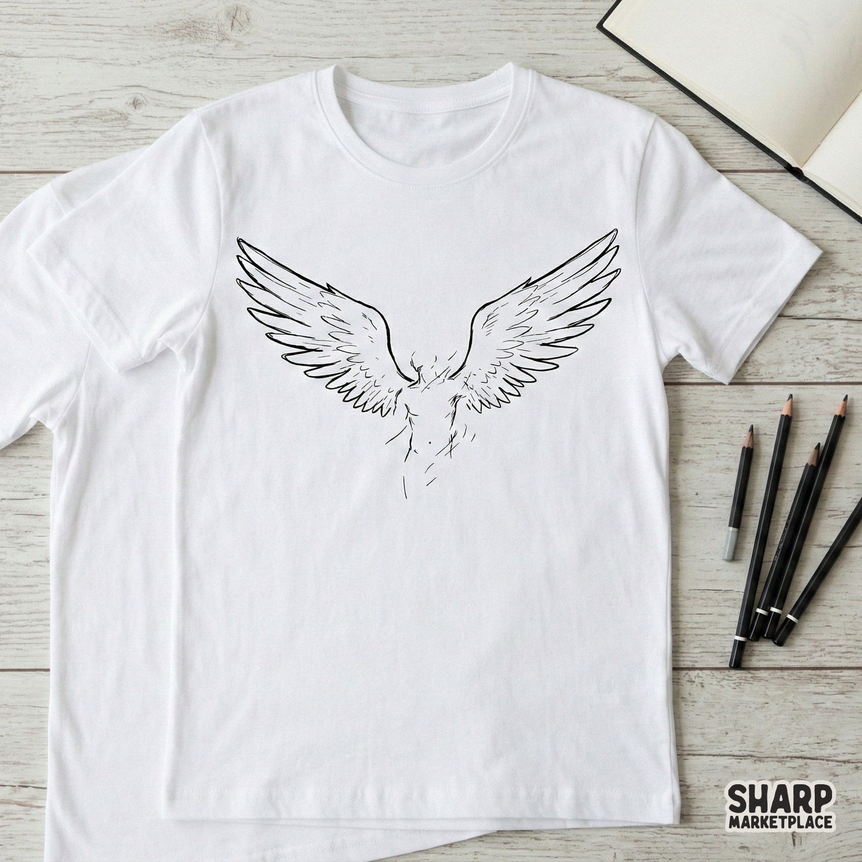 Angel Wings PNG, Minimalist Line Art Shirt - 300 DPI Design for T-Shirt