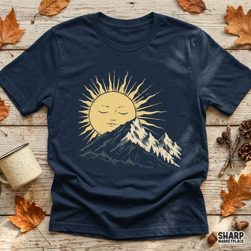 Vintage sleeping sun setting behind a mountain peak and pine trees nature graphic PNG for t-shirts