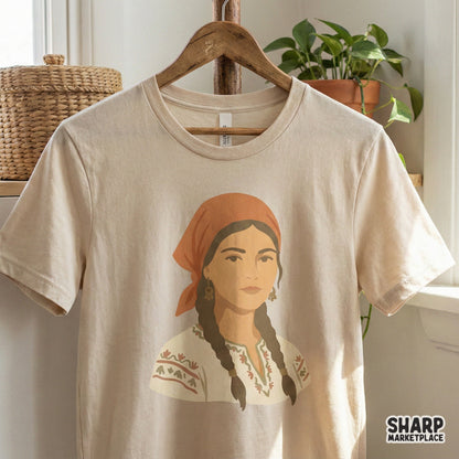 Digital PNG graphic of a woman in a village style headscarf and embroidered shirt, perfect for custom apparel, sublimation, and boho wall art decor.