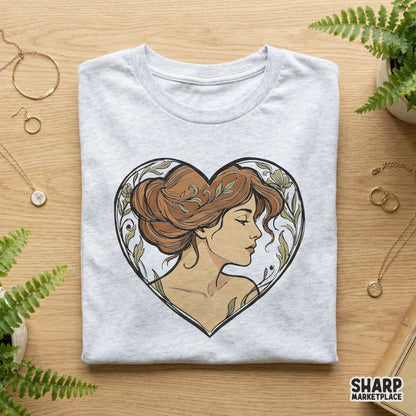 Bohemian botanical heart design featuring a woman's profile with organic leaves and vintage-inspired line art for DIY sublimation projects.