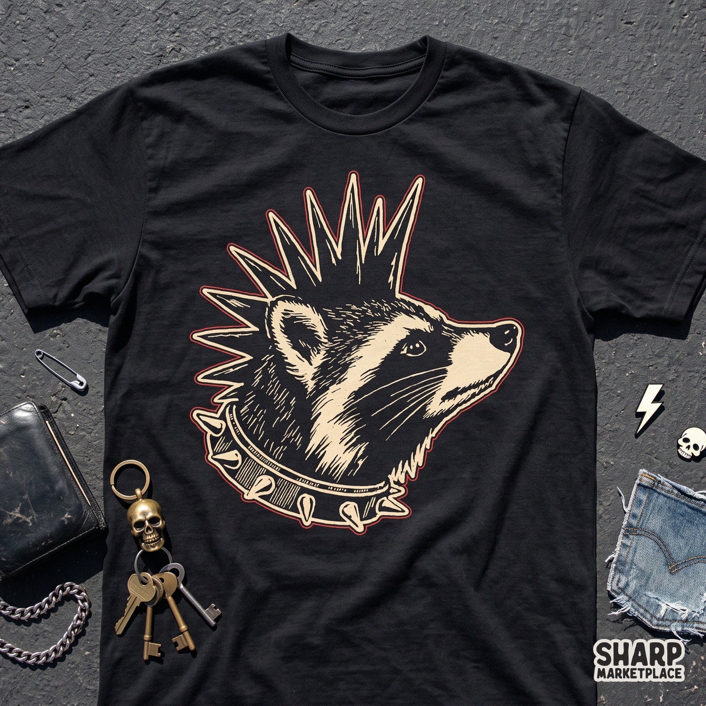 Edgy punk raccoon wearing a mohawk and spiked collar funny animal memes sublimation graphic tee design