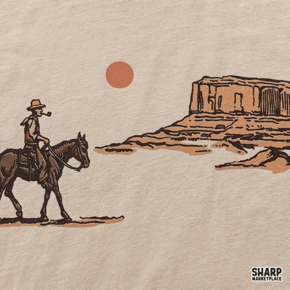 Vintage cowboy riding a horse in a desert landscape western png design for t-shirts and apparel