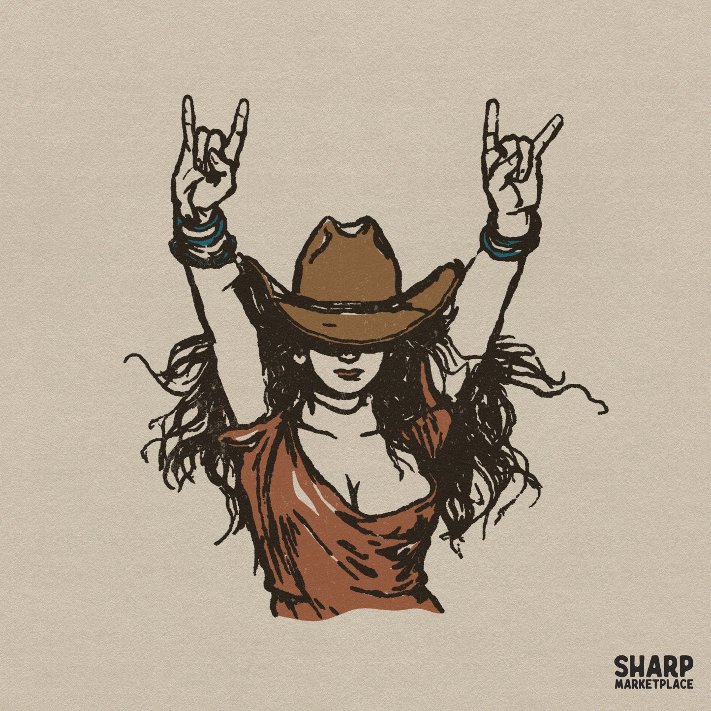Vintage sketch of a cowgirl wearing a wide-brimmed hat and orange top, raising both hands in a rock and roll gesture for western apparel designs.