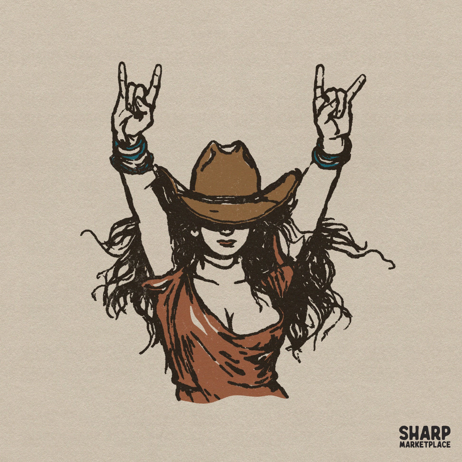 Vintage sketch of a cowgirl wearing a wide-brimmed hat and orange top, raising both hands in a rock and roll gesture for western apparel designs.