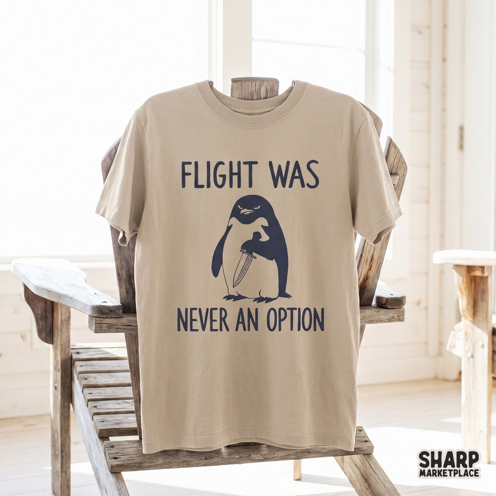Funny sarcastic hostile penguin holding a knife meme digital sublimation PNG for trendy apparel and custom tumbler designs