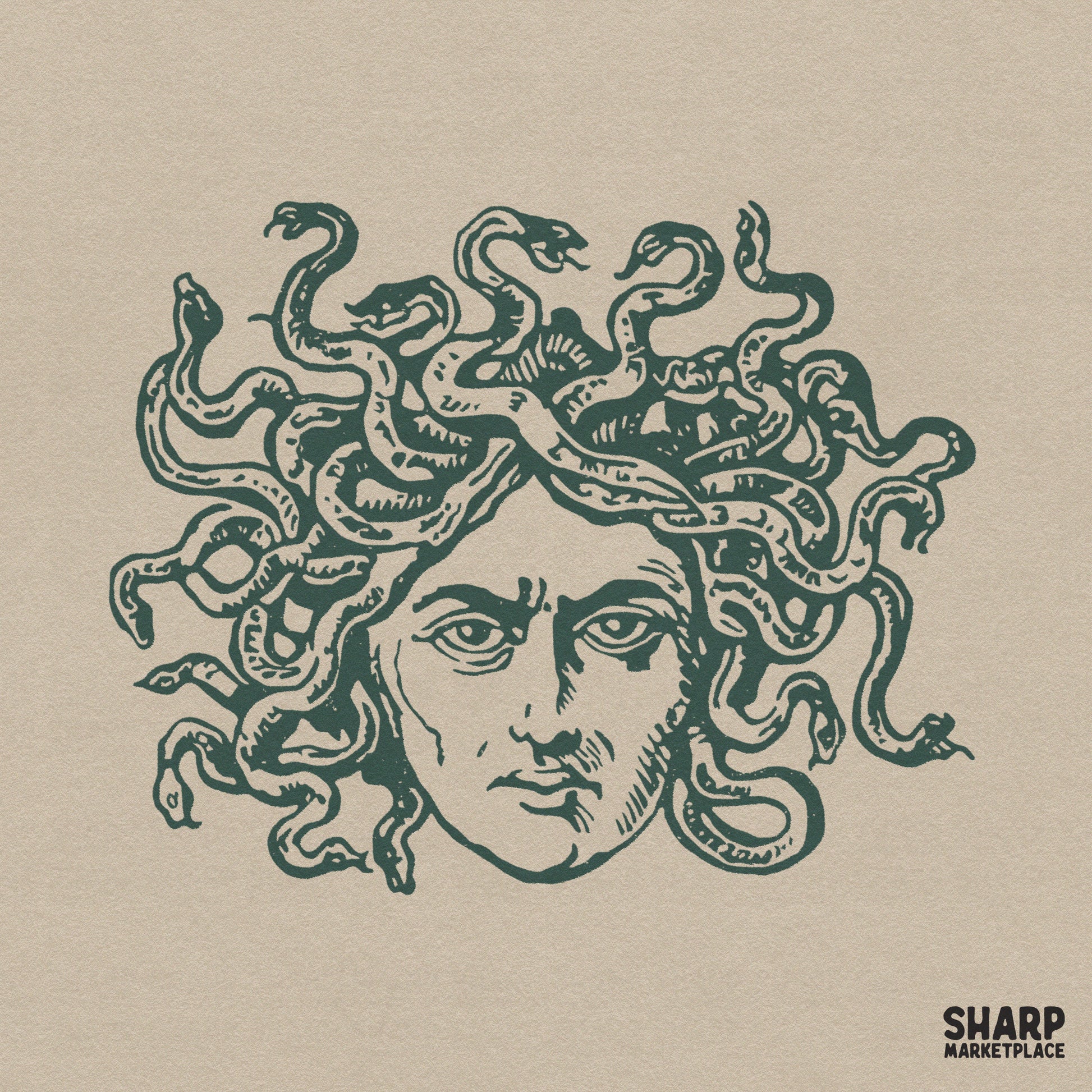 Vintage Medusa head Greek mythology illustration for dark academia Halloween sublimation printing