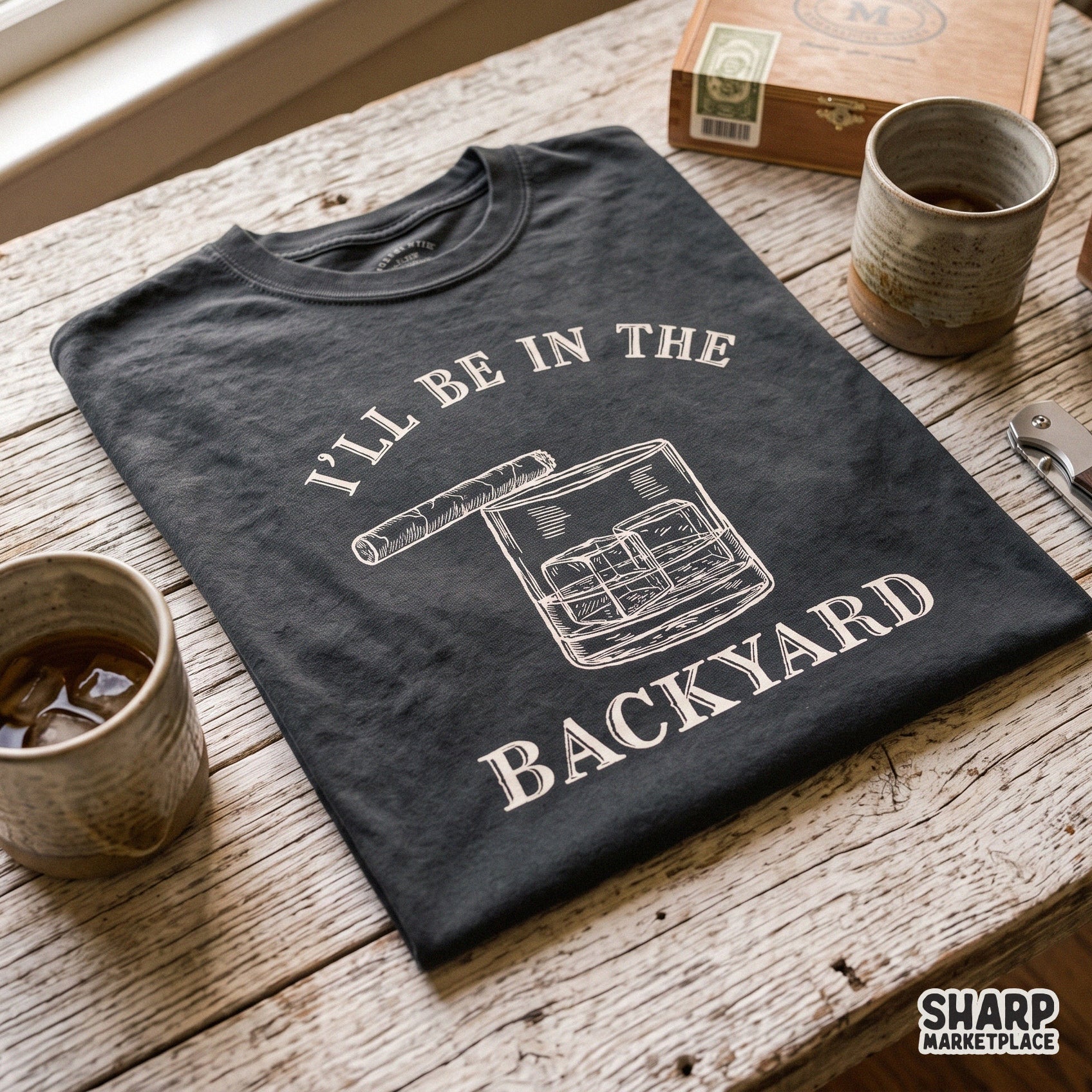 Retro funny whiskey and cigar graphic for sarcastic Father's Day shirts and backyard drinking apparel projects