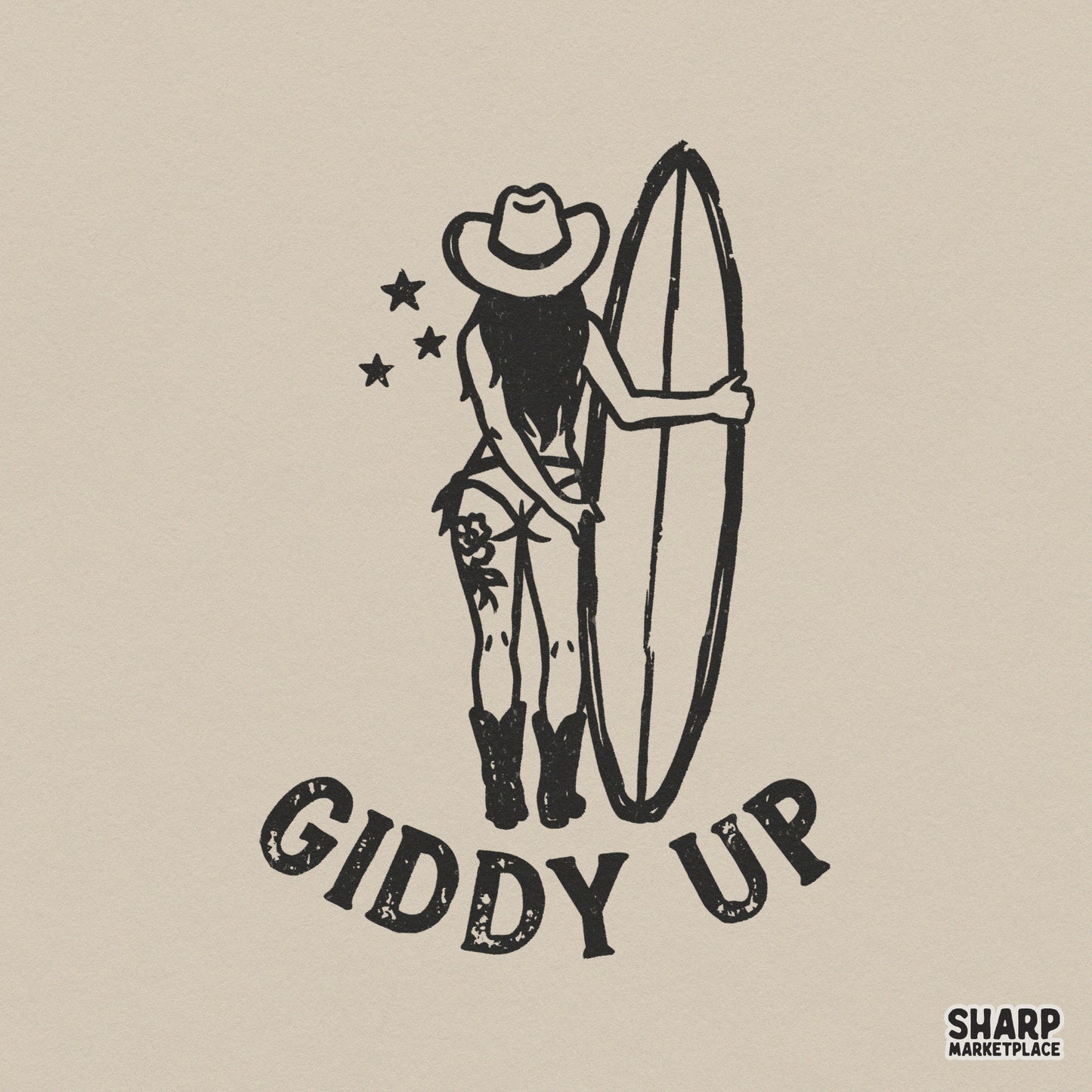 Vintage style line art of a cowgirl holding a surfboard with the text Giddy Up, perfect for western-themed sublimation and apparel printing.