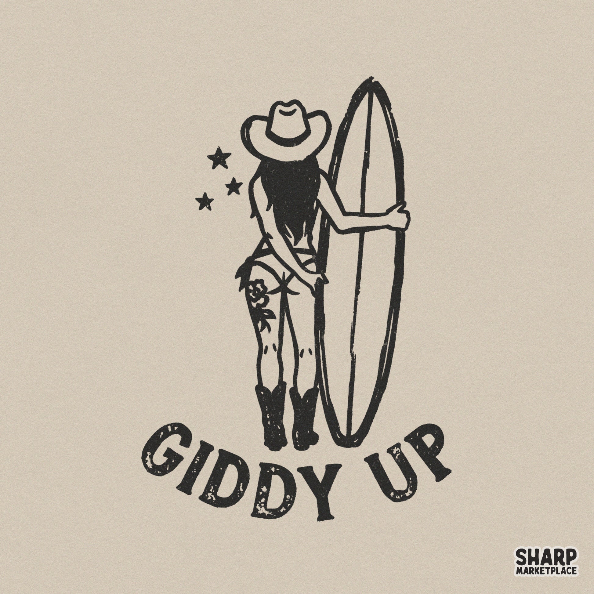 Vintage style line art of a cowgirl holding a surfboard with the text Giddy Up, perfect for western-themed sublimation and apparel printing.