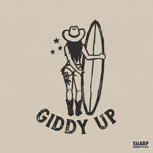 Vintage style line art of a cowgirl holding a surfboard with the text Giddy Up, perfect for western-themed sublimation and apparel printing.