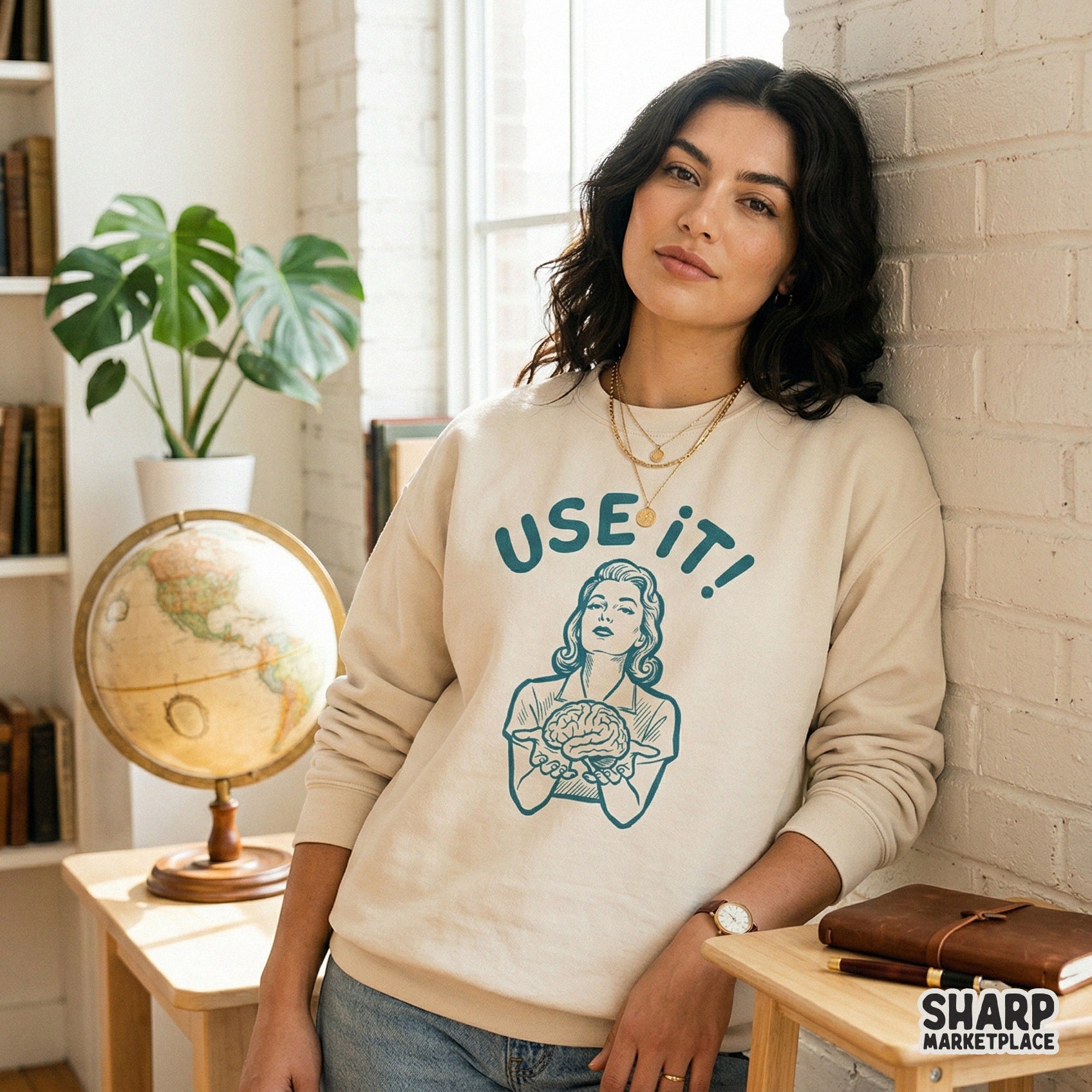 Digital design file featuring a confident woman holding a brain in her palms with bold typography, suitable for trendy apparel and teacher appreciation gifts.