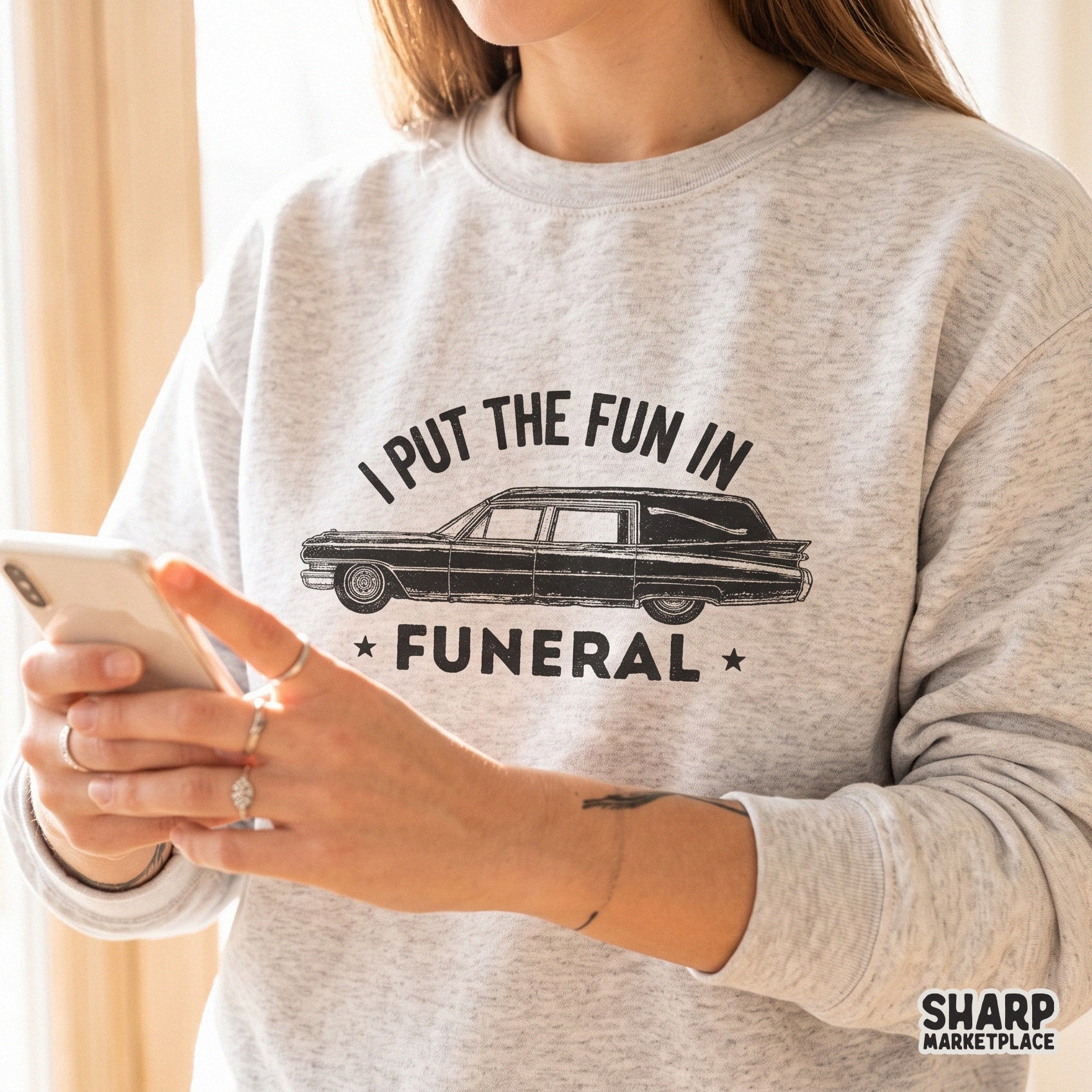 Funny vintage hearse with sarcastic dark humor quote I Put The Fun In Funeral for Halloween sublimation t-shirts