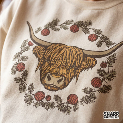 Christmas highland cow in pine wreath digital sublimation design for t-shirts and holiday crafts