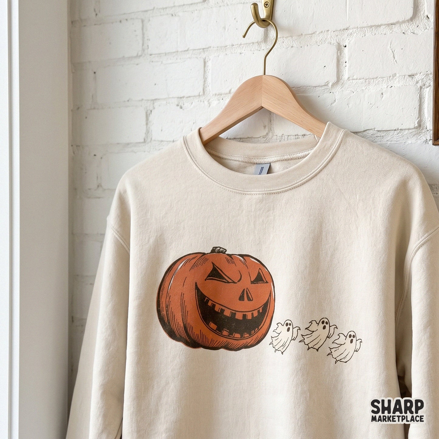 Vintage Jack O Lantern with breathing ghosts in a retro Halloween style for spooky season apparel and DTG printing projects