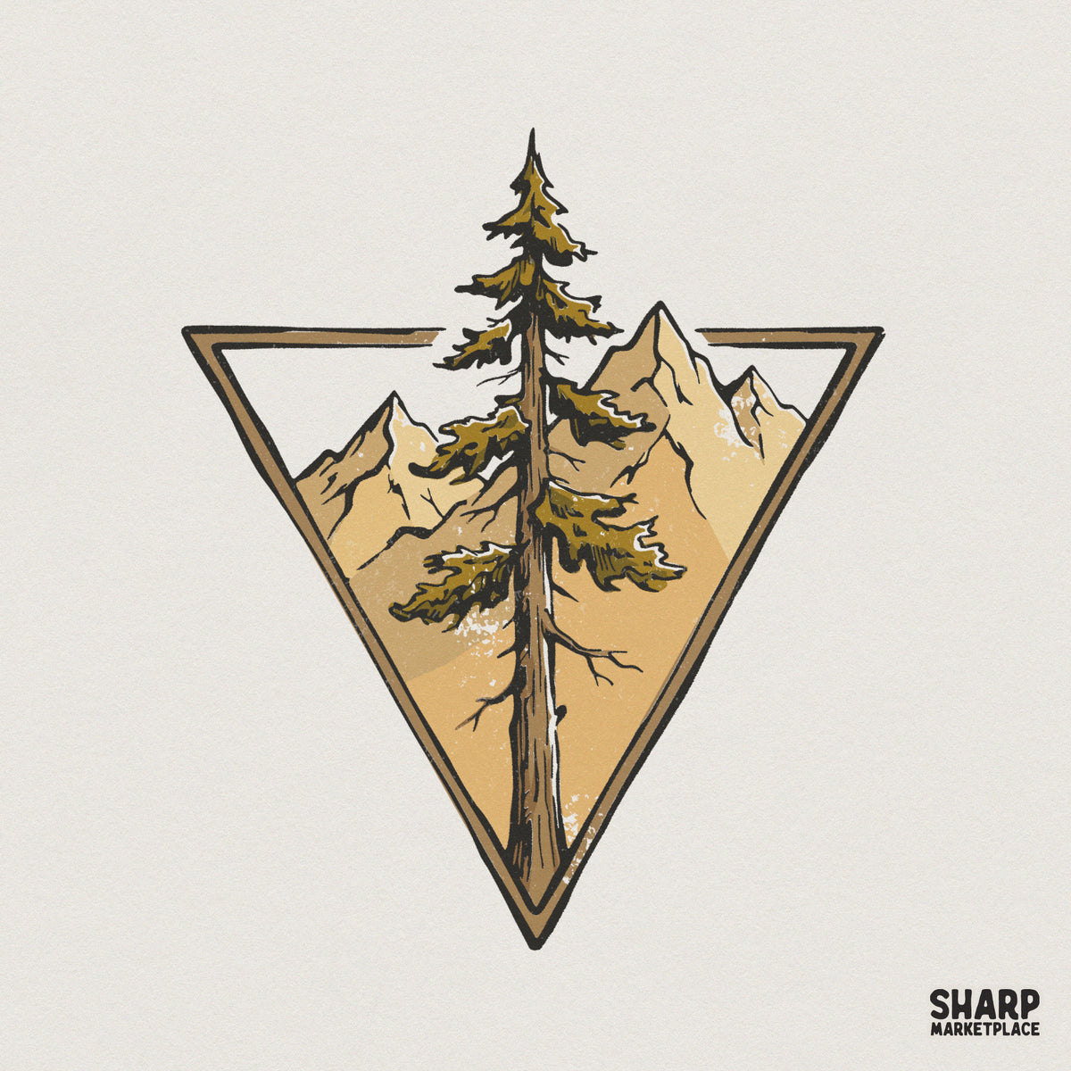 Hand-drawn mountain pine tree inside a golden geometric triangle frame with a vintage forest landscape aesthetic for apparel and sublimation.