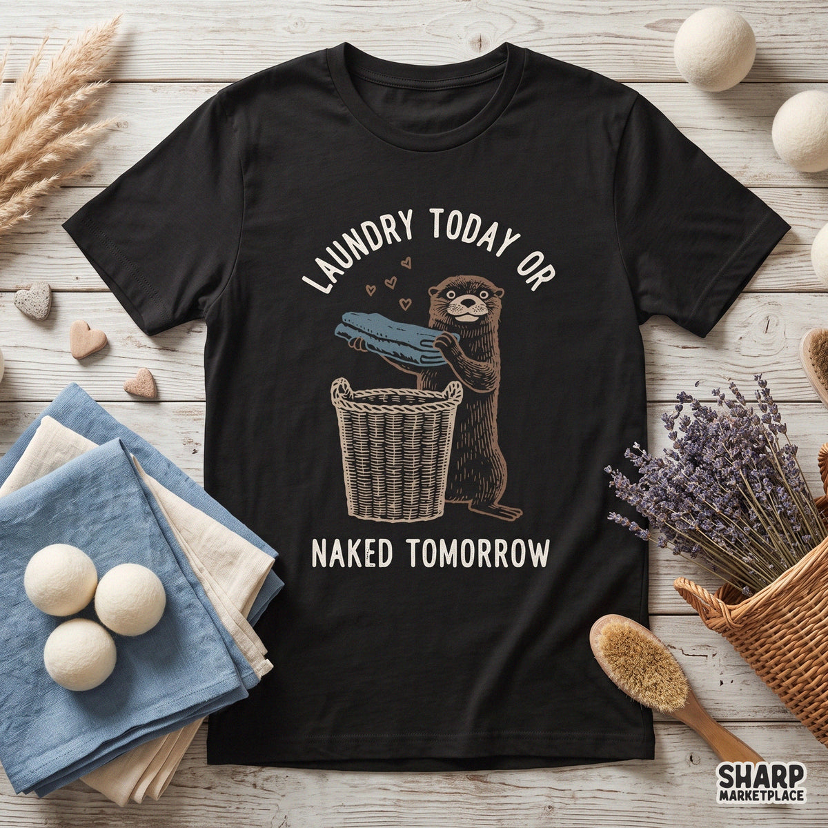 Funny otter folding clothes with Laundry Today Or Naked Tomorrow text, retro animal meme PNG for shirt designs
