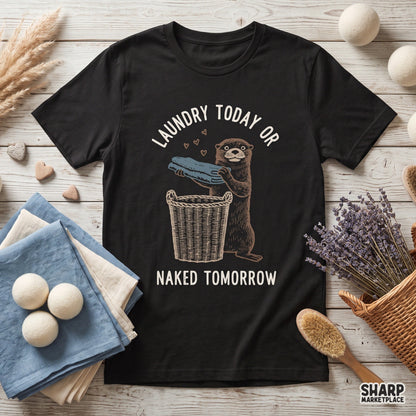 Funny otter folding clothes with Laundry Today Or Naked Tomorrow text, retro animal meme PNG for shirt designs