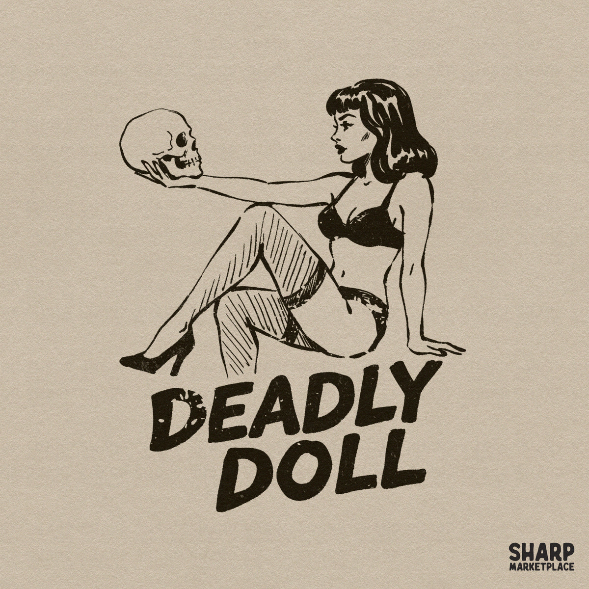 Retro pinup girl holding a skull in black ink style with the text Deadly Doll for spooky Halloween shirts and gothic apparel projects.