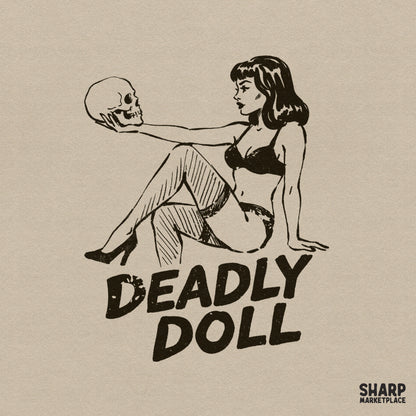 Retro pinup girl holding a skull in black ink style with the text Deadly Doll for spooky Halloween shirts and gothic apparel projects.