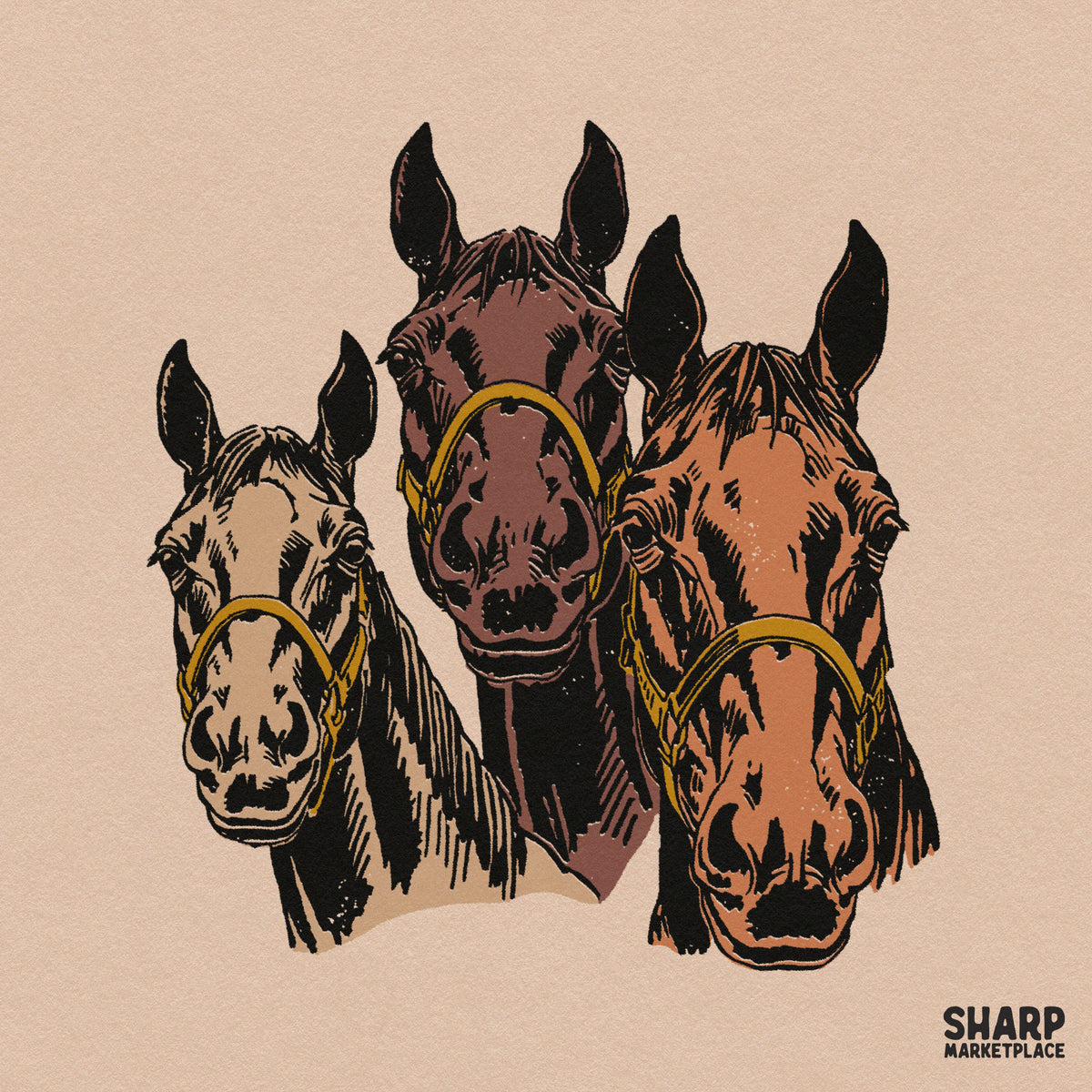 Three vintage brown horses graphic for ranch life apparel, western PNG sublimation art for t-shirts