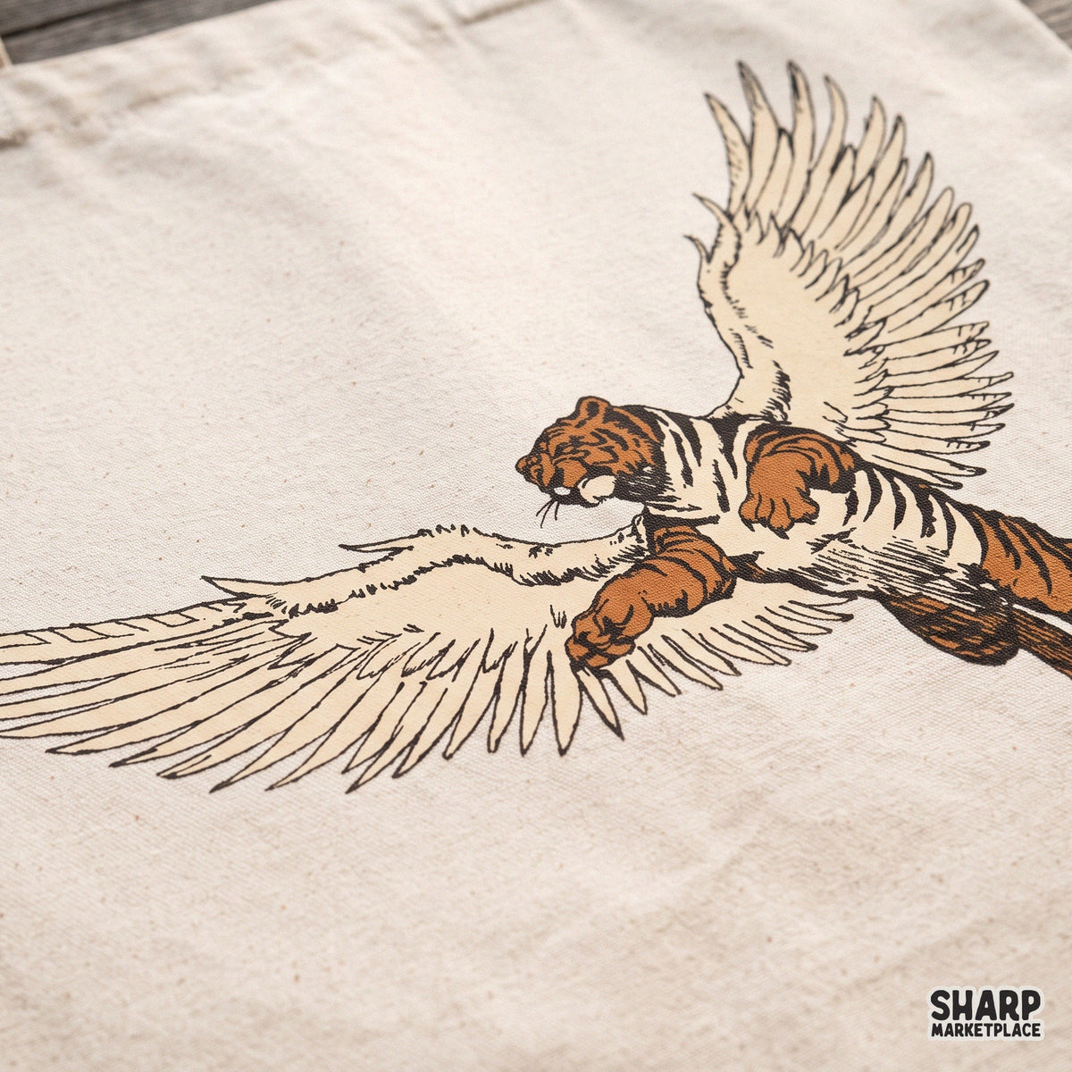 Surreal flying tiger with wings illustration, retro streetwear animal PNG design for shirts and POD apparel