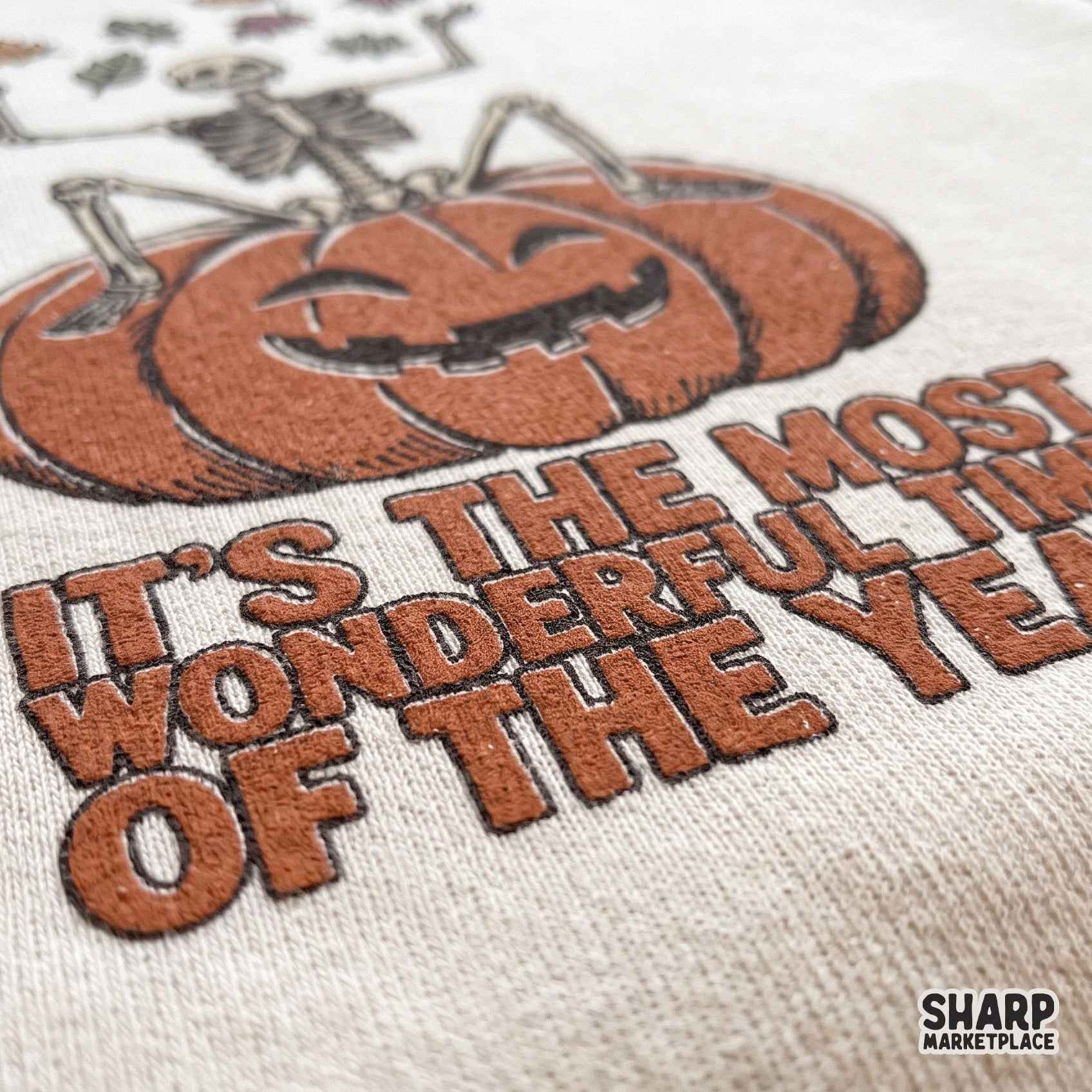 Retro skeleton dancing inside a pumpkin with autumn leaves for a spooky season Halloween shirt design PNG