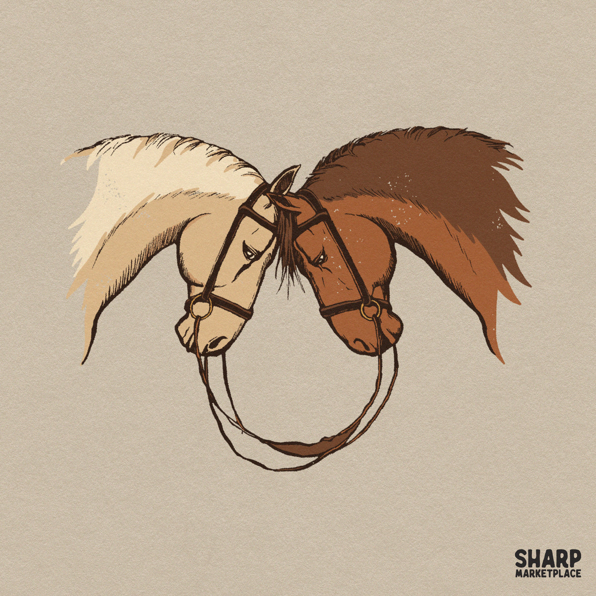 Two majestic horses resting heads together in a western farm animal graphic for shirt sublimation
