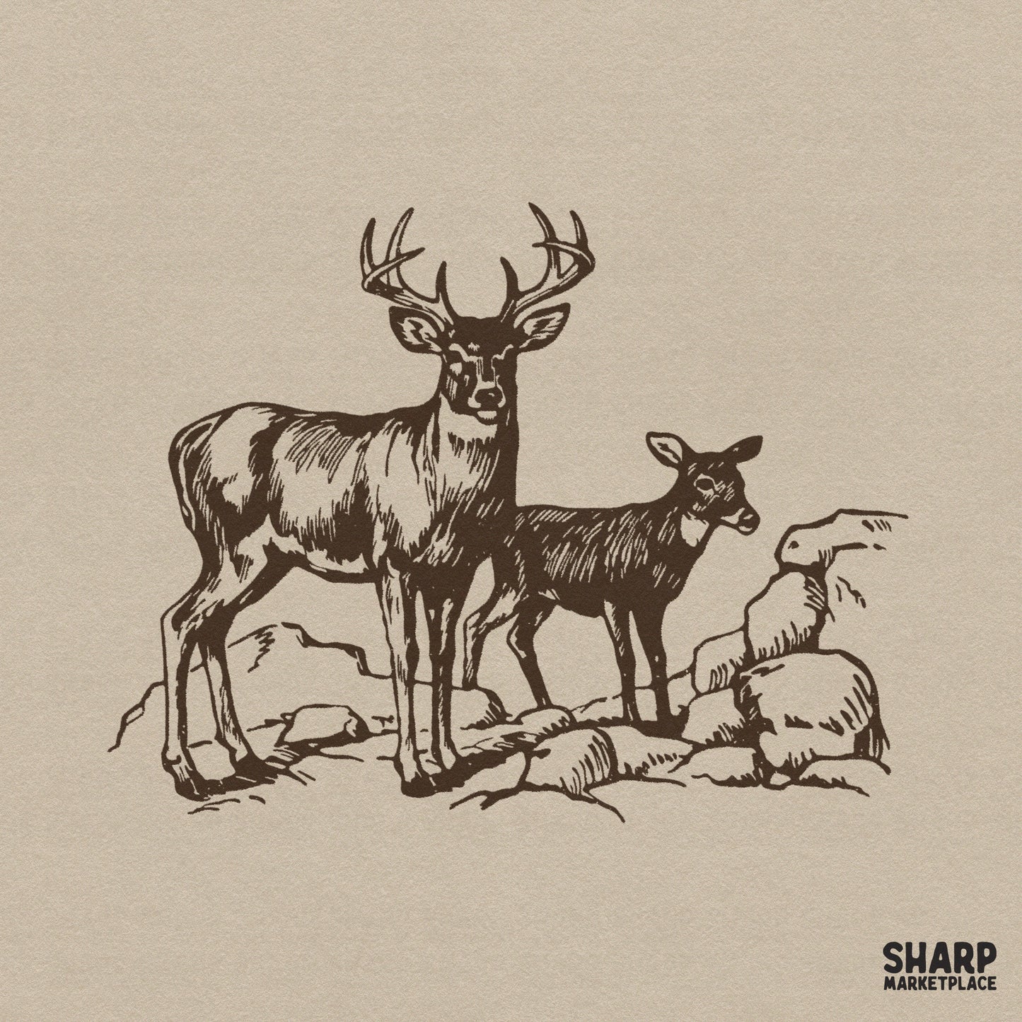 Vintage buck and fawn woodland sketch hunting png for sublimation shirts and retro nature lover apparel
