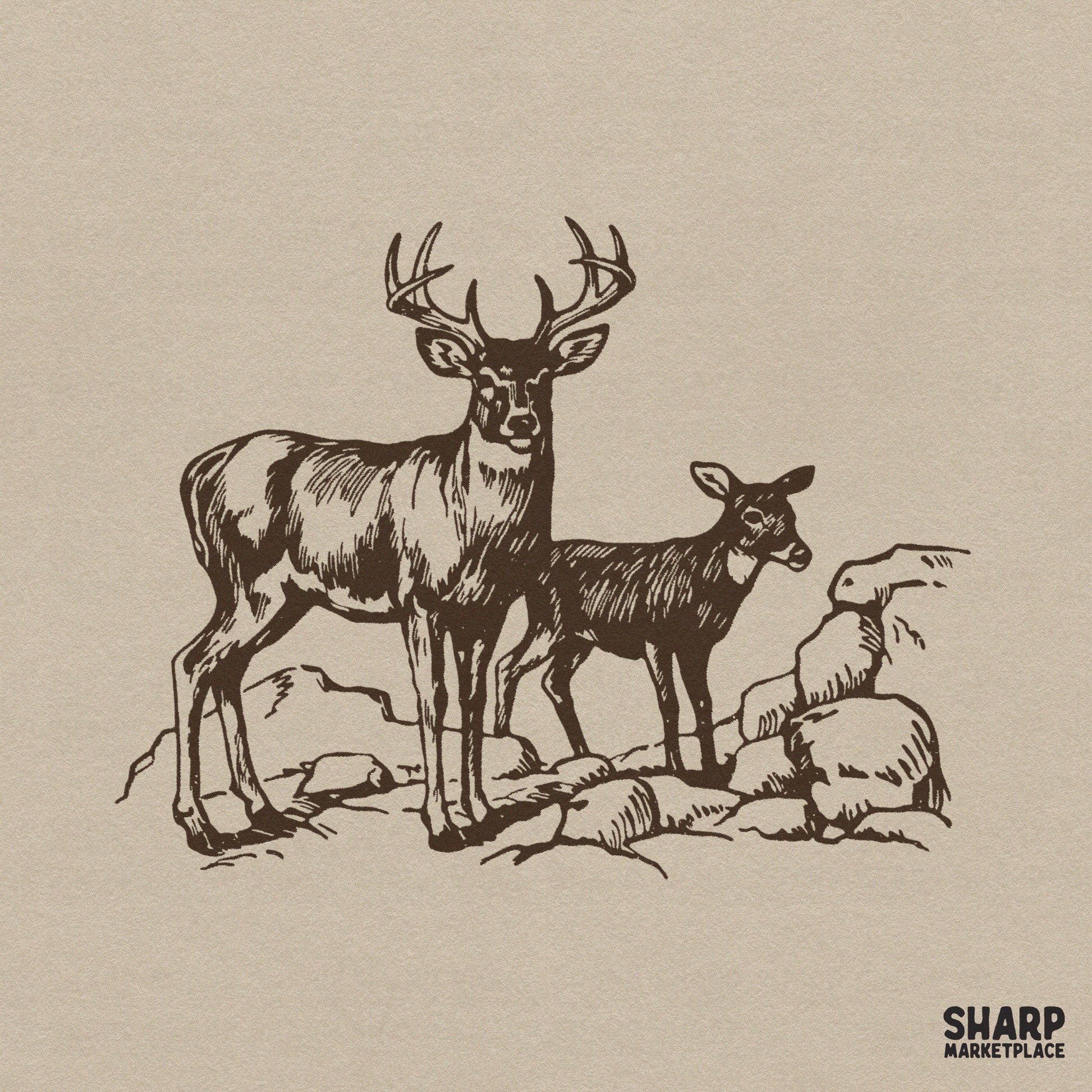 Vintage buck and fawn woodland sketch hunting png for sublimation shirts and retro nature lover apparel