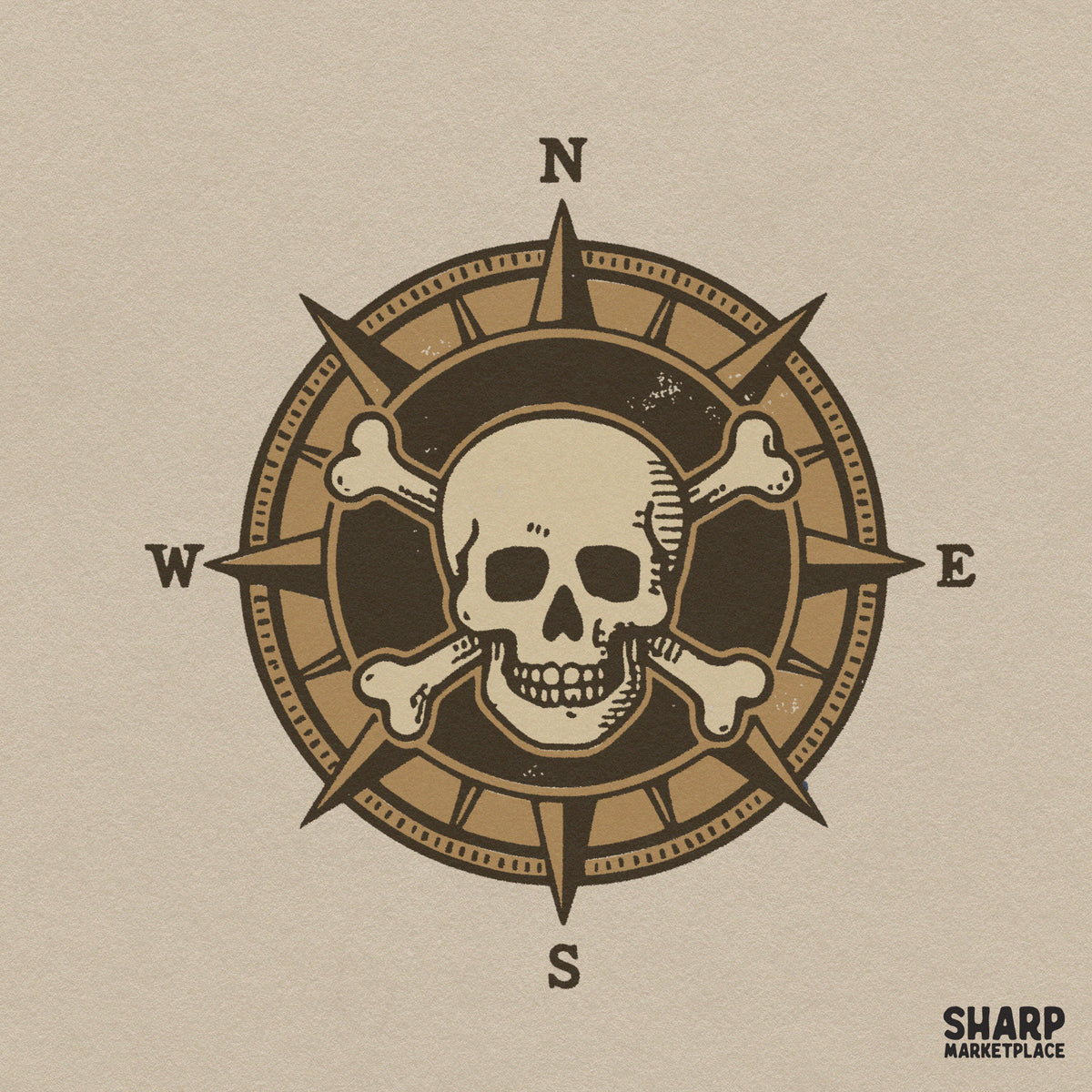 Retro pirate compass rose with skull and crossbones PNG design for nautical t-shirt sublimation