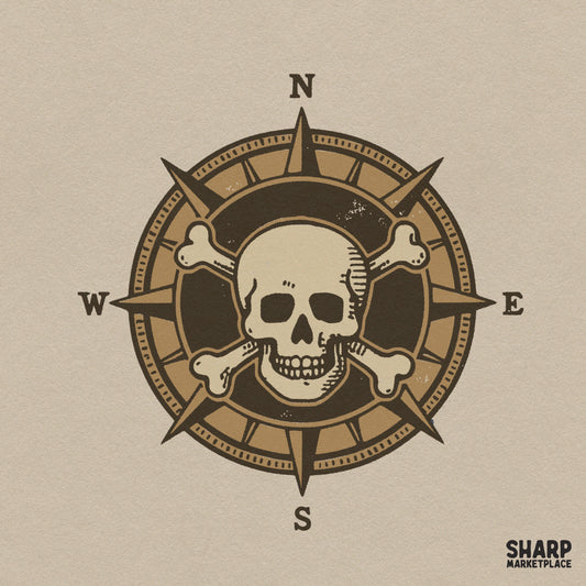Retro pirate compass rose with skull and crossbones PNG design for nautical t-shirt sublimation