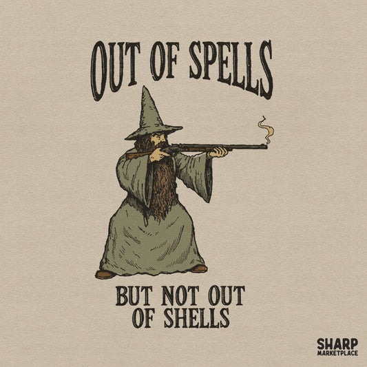 Retro fantasy graphic of a bearded wizard in a pointed hat holding a shotgun, with the text Out of Spells but Not out of Shells for sublimation printing.