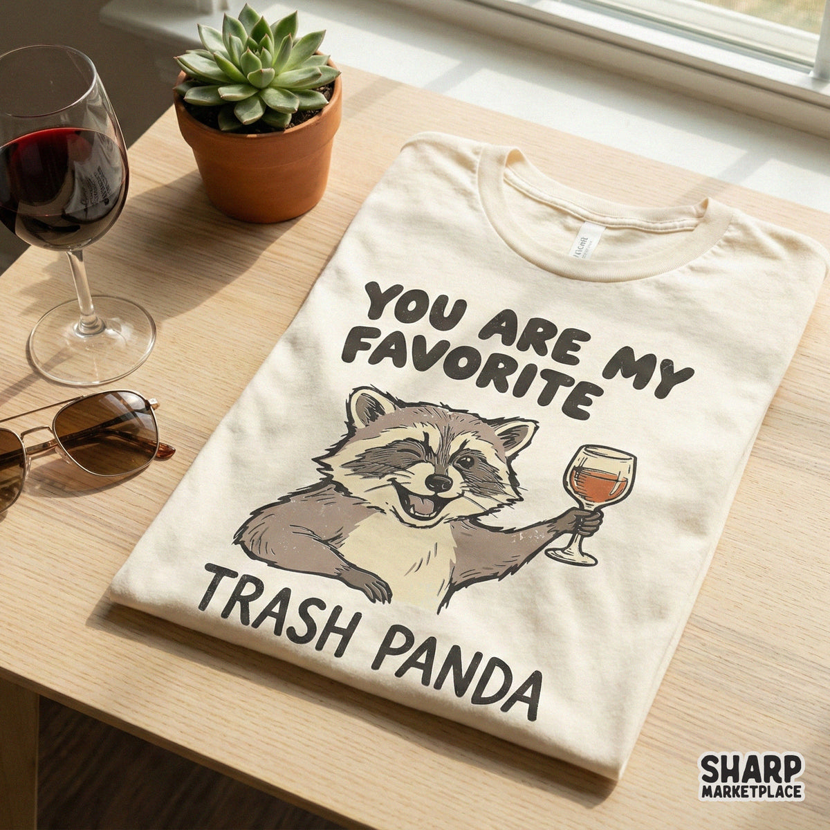 A cream-colored t-shirt featuring a cute raccoon illustration holding a wine glass with the funny quote You Are My Favorite Trash Panda.