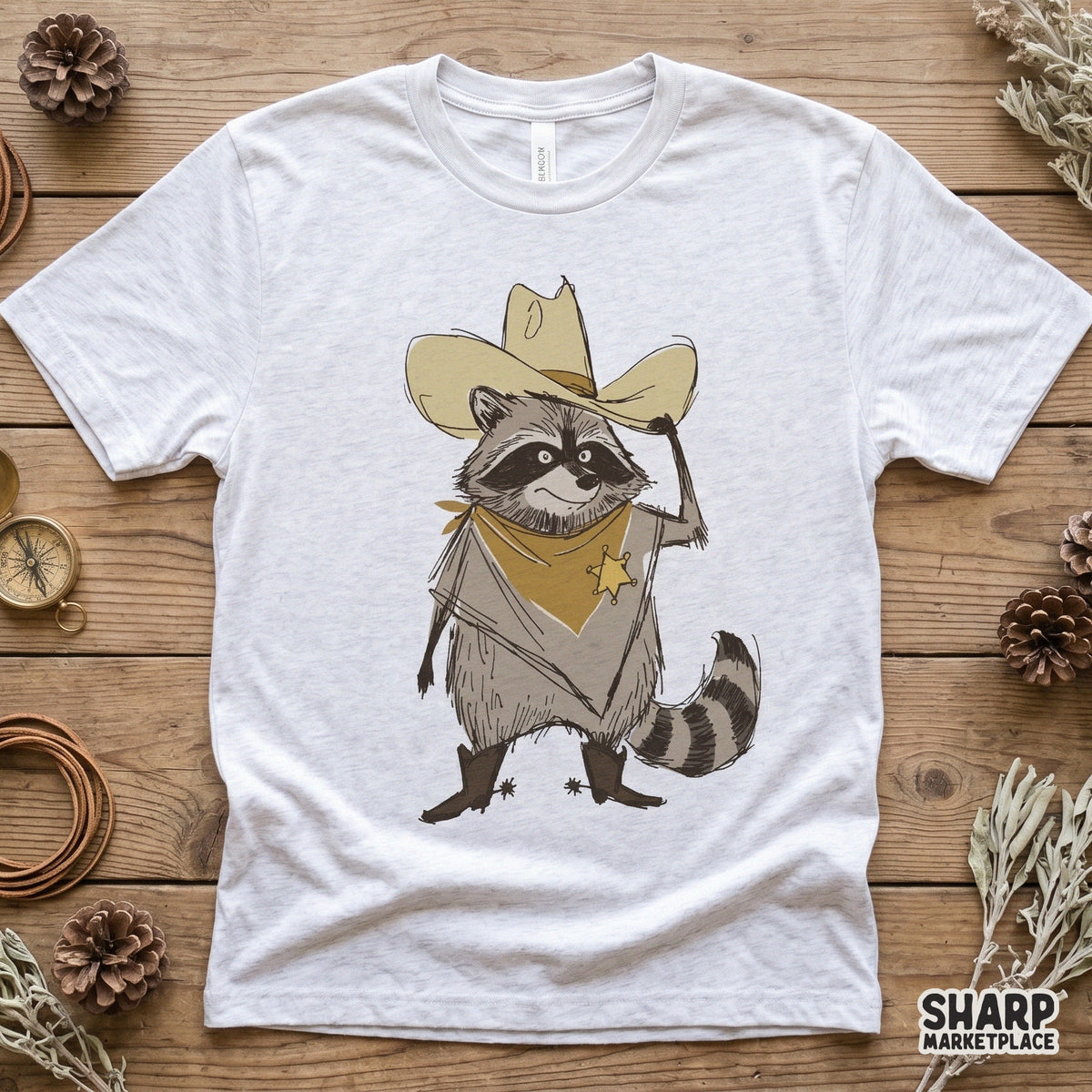 Funny trash panda cowboy graphic with a sheriff badge and western boots, ideal for sublimation printing on tumblers, apparel, or home decor