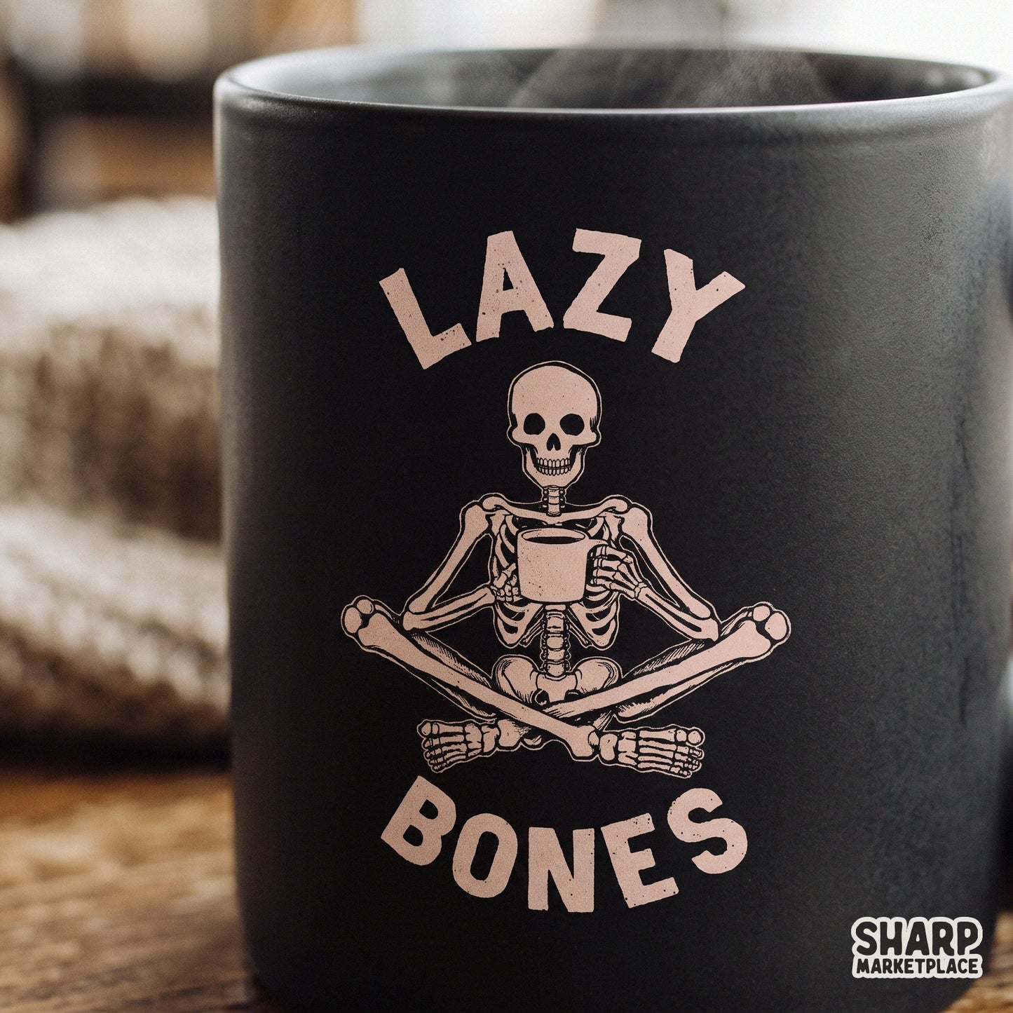 Pink lazy bones skeleton drinking coffee in a retro spooky season style for Halloween t-shirt designs and digital downloads