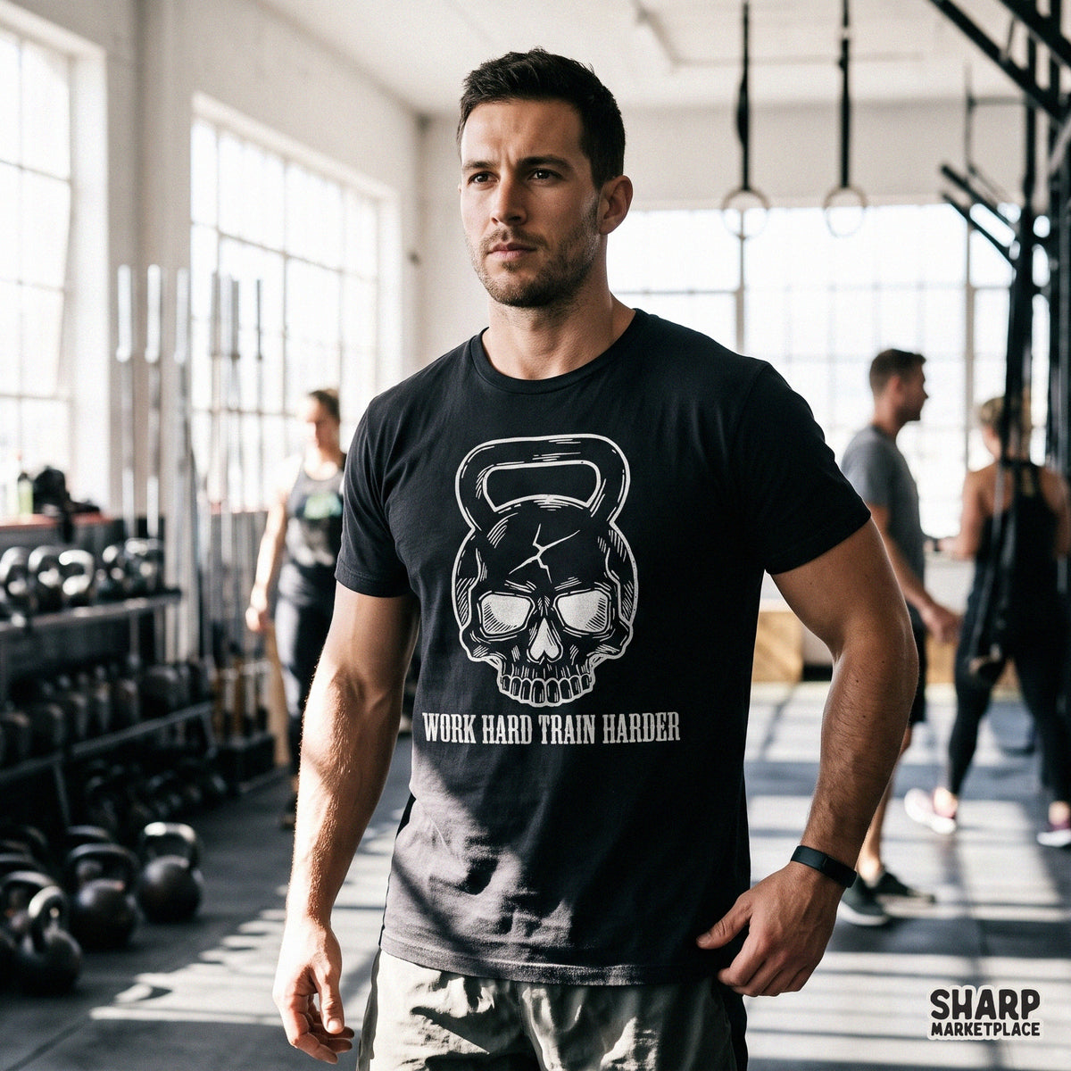 Funny Work Hard Train Harder skeleton skull sublimation PNG graphic for gym life t-shirts and fitness gear