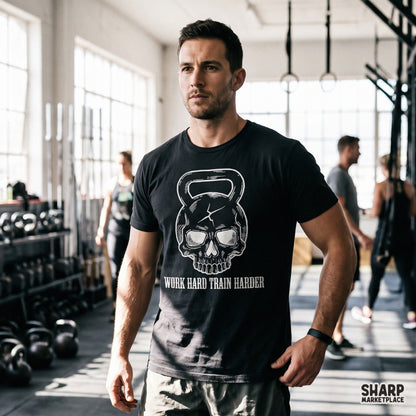 Funny Work Hard Train Harder skeleton skull sublimation PNG graphic for gym life t-shirts and fitness gear